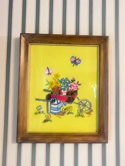 Vintage Embroidered Crewel “wheelbarrow Of Flowers” Framed Wall Hanging