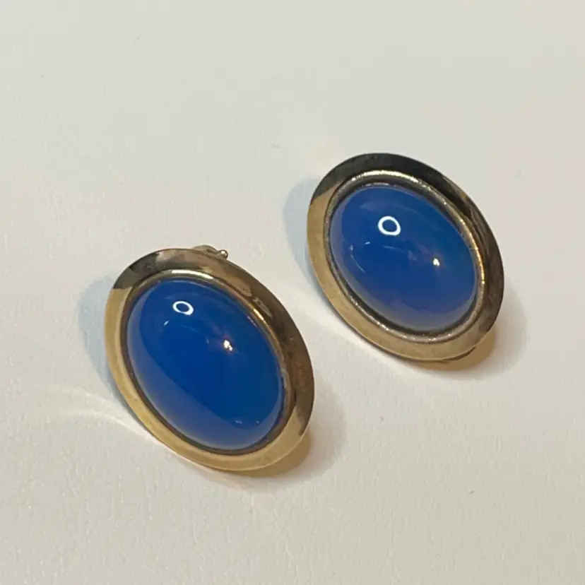 Blue Chalcedony And Gold Tone Clip On Earrings