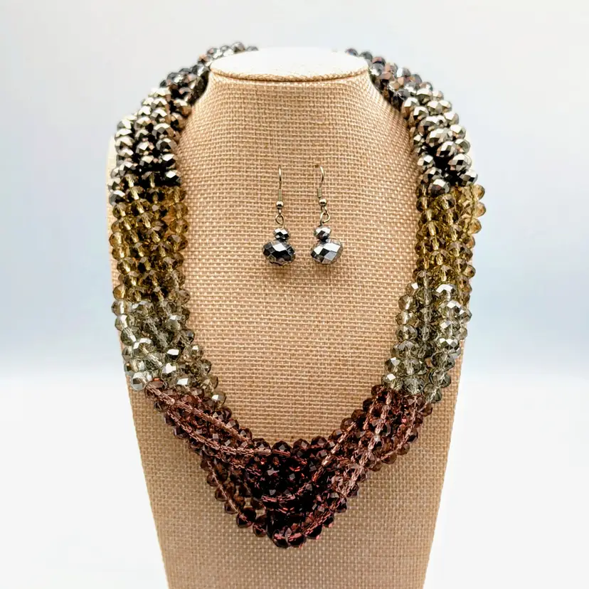 Vtg Faceted Beaded Multi Strand Metallic Necklace and Earrings Magnetic Clasp
