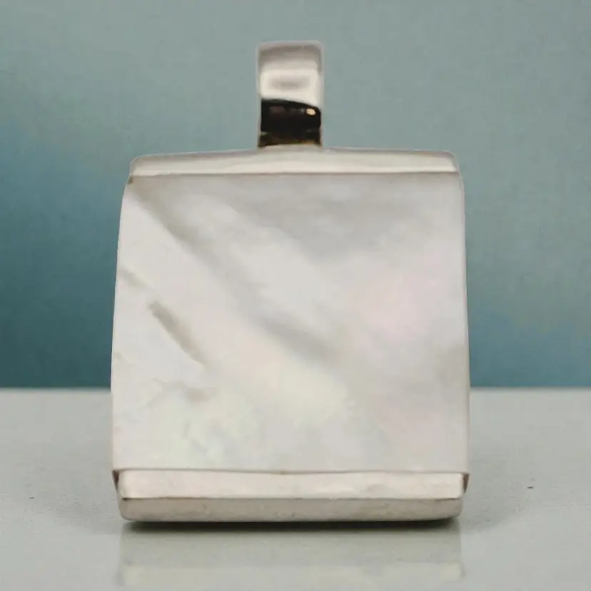 Sterling Silver Marked 925 Milky White Iridescent Mother Of Pearl Square Pendant
