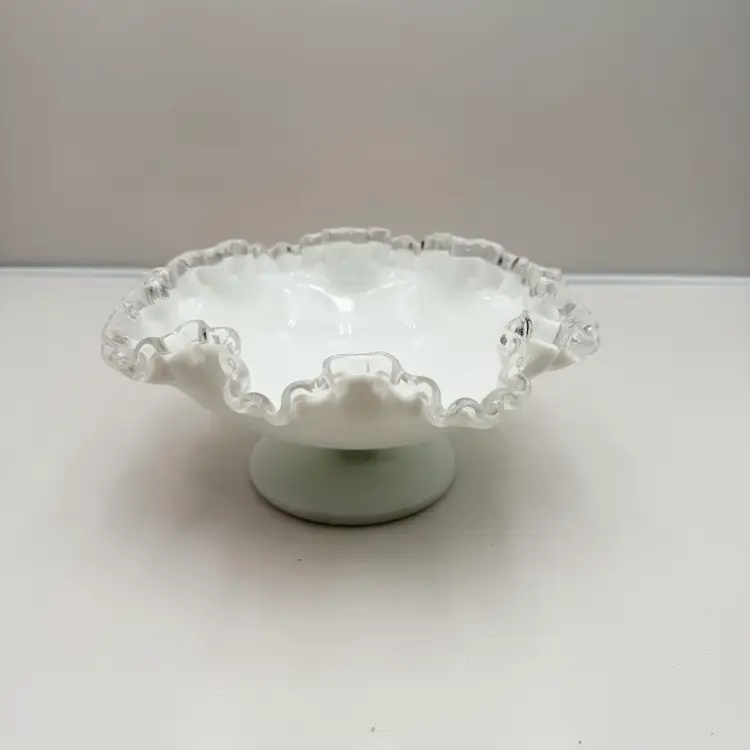 Fenton White Silver Crest Pedestal Base Compote Bowl