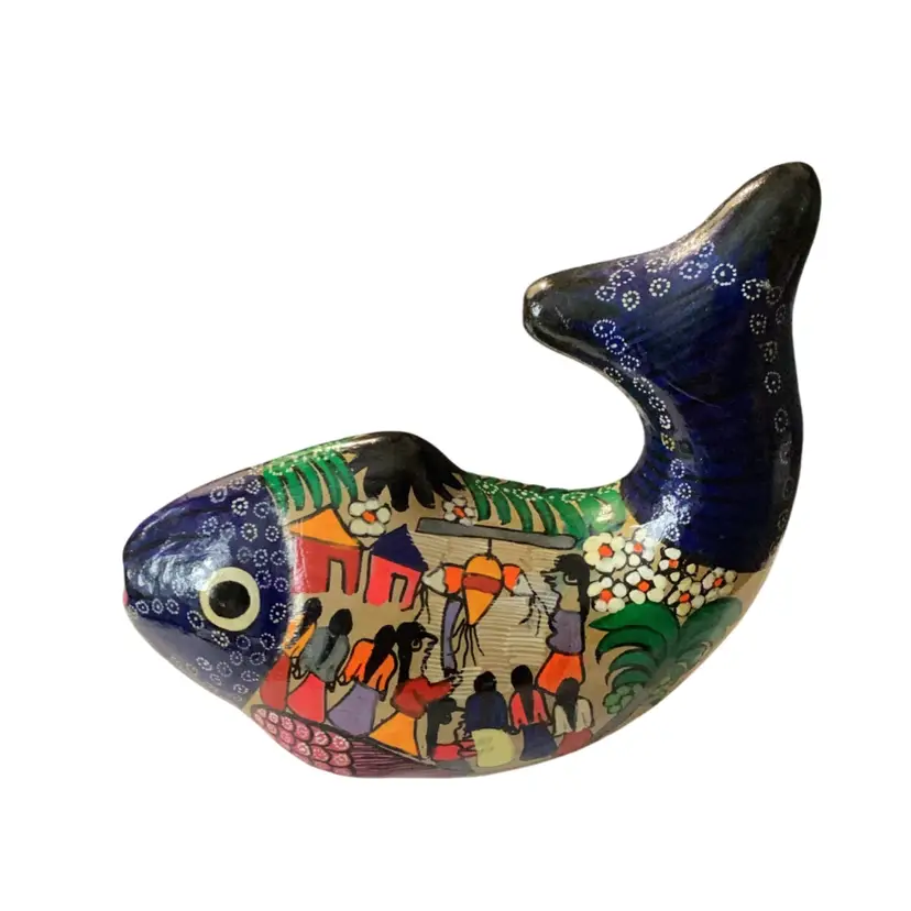 Tonala Terracotta Handpainted Fish With Village Scene Signed Marcelo Pascuala