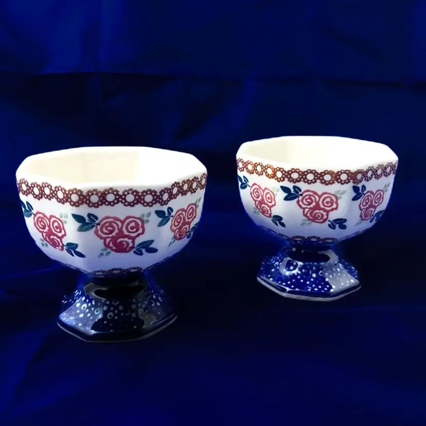 Pair of Polish Pottery Octagon Pedestal Bowls hand crafted hand stamped roses  3.75"