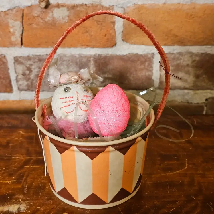 Vintage 1950s Handmade Easter Basket Chenille Bunny Wax Cottage Cheese Container Decor