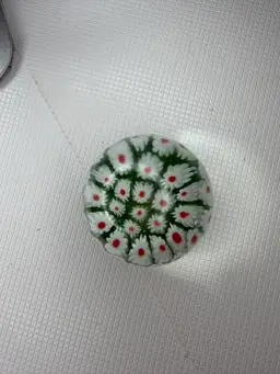 2.5” Murano  Millefiori Paperweight Green,red Dots, White, And Green Button