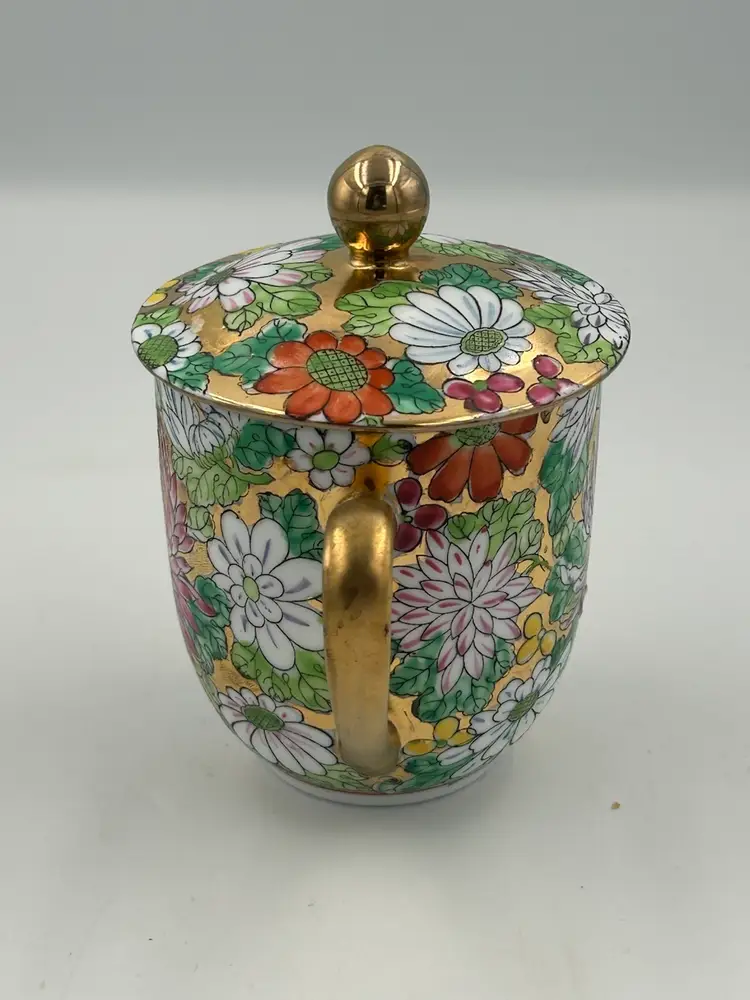 Chinese Chintz Lidded Tea Cup Gilt Gold With Floral Pattern