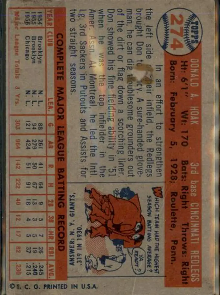 1957 Topps #274 Don Hoak - ( pk1 ) - Cincinnati Redlegs