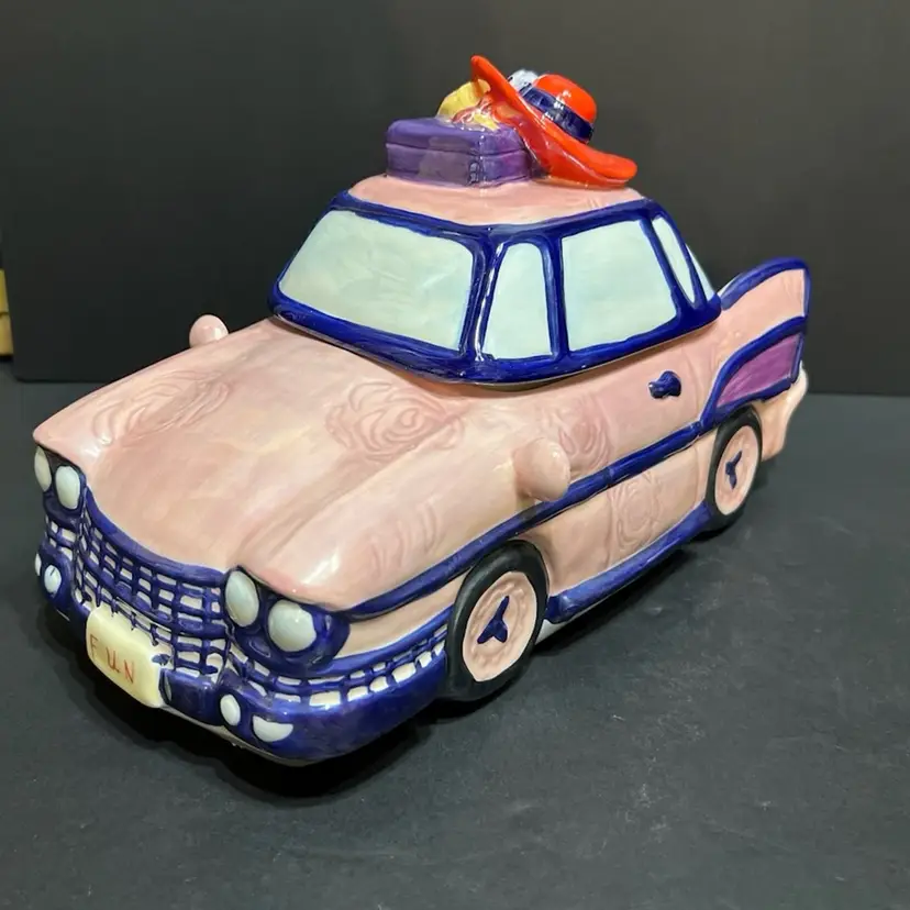 2004 Pink Car Red Hat Floral Ceramic Large Cookie Jar ~4” x 12.5” x 6.5” (8” high with lid)