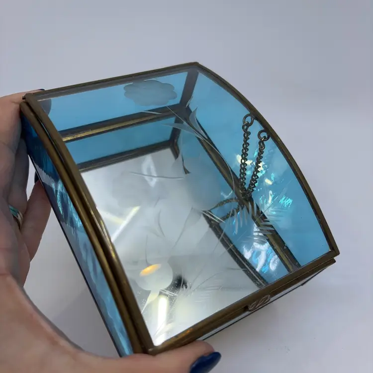 Vintage Via Vermont Glass Brass Bird Trinket Jewelry Box 5x4 2H