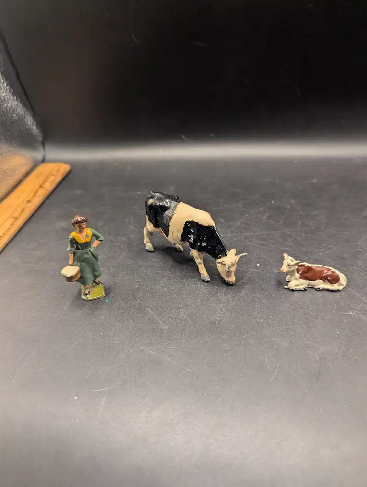 Vintage Lot of England Lead Village Farmyard Milk Maid and Cow and Calf.