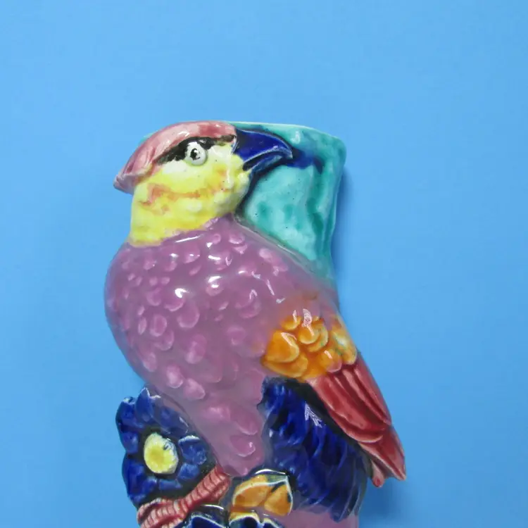 vintage colorful ceramic parrot tropical bird wall pocket made in Japan