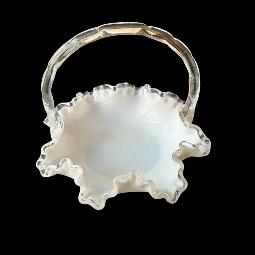 Vintage Fenton Silver Crest Milk Glass Ruffled Crimped Edge White Basket w/Handle