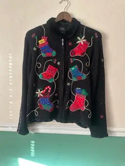 Vintage Designers Studio Originals Holiday Zip Up Sweater With Faux Fur Collar Size L