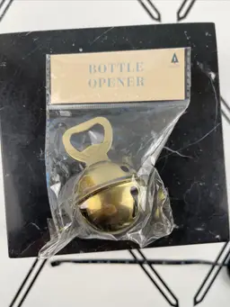Gold Jingle Bell Bottle Opener New In Package Holiday Bar 4” H x 3” W Christmas
