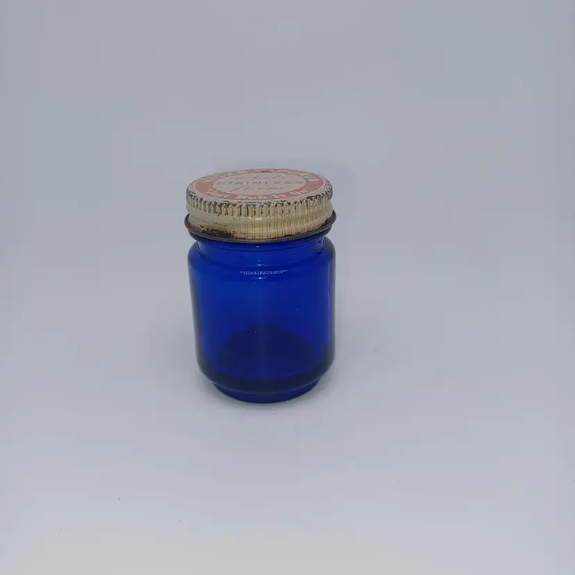 Vintage Vicks Apothecary Cobalt Glass Jar Metal lid