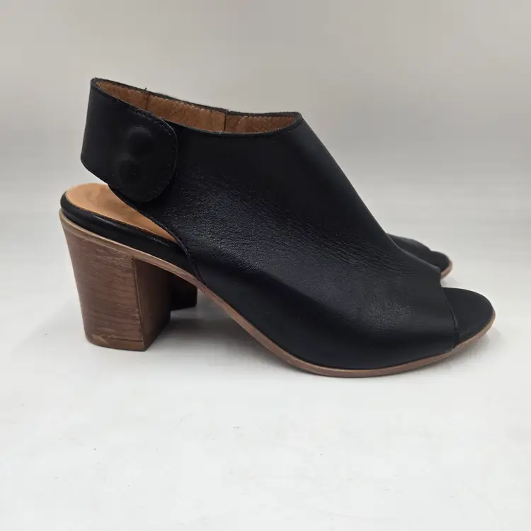 Bueno Black Leather Slingback Peep Toe Stacked Heels Women’s Sz 6.5 / 37 Sandals
