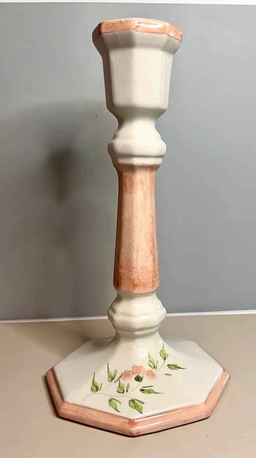Vintage Hand Painted Floral Italy Ceramic Candle Holder Cottage Core Pink Green