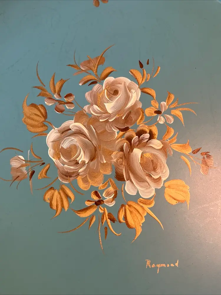 Vintage Nashco Toleware Blue w/Gold Round Metal Serving Tray Floral ~15" Diam.