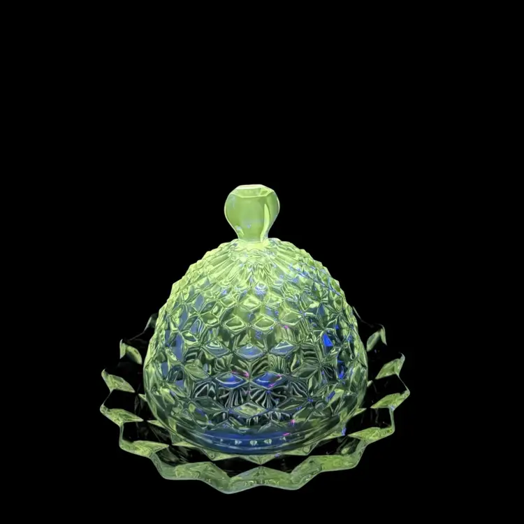 Vintage Cubist American Fostoria American Glass Dome Butter Dish Light UV Glow
5-3/4” T x 7-1/4” W