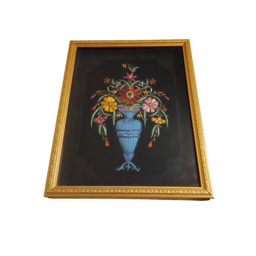 Framed Silk Embroidered Hand Made Victorian Style Blue Vase With Flowers 12" X 14"