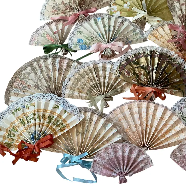 17 Handmade Fans With Fabric And Wallpaper Samples Victorian Lace And Silk Ribbon Use On A Garland For Spring And Summer Or Party Favors