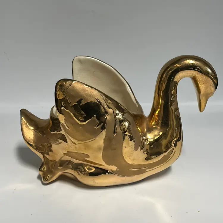 Weeping Gold Swan Planter- Vintage 8x3.25x4.5”
