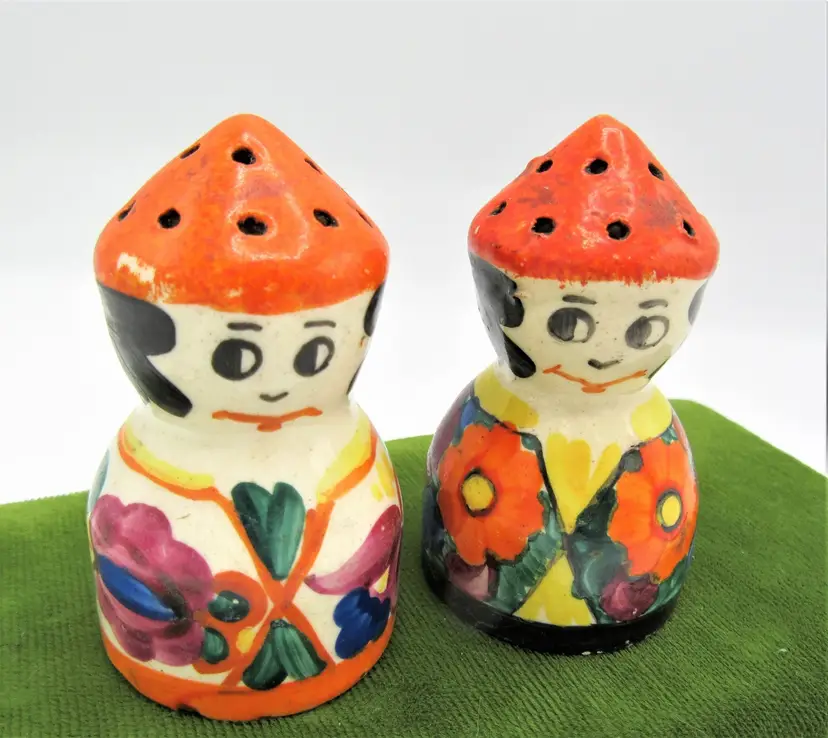 Whimsical CZECH Salt & Pepper Shakers,  Orange Floral with Happy Faces,  Farmhouse Tableware