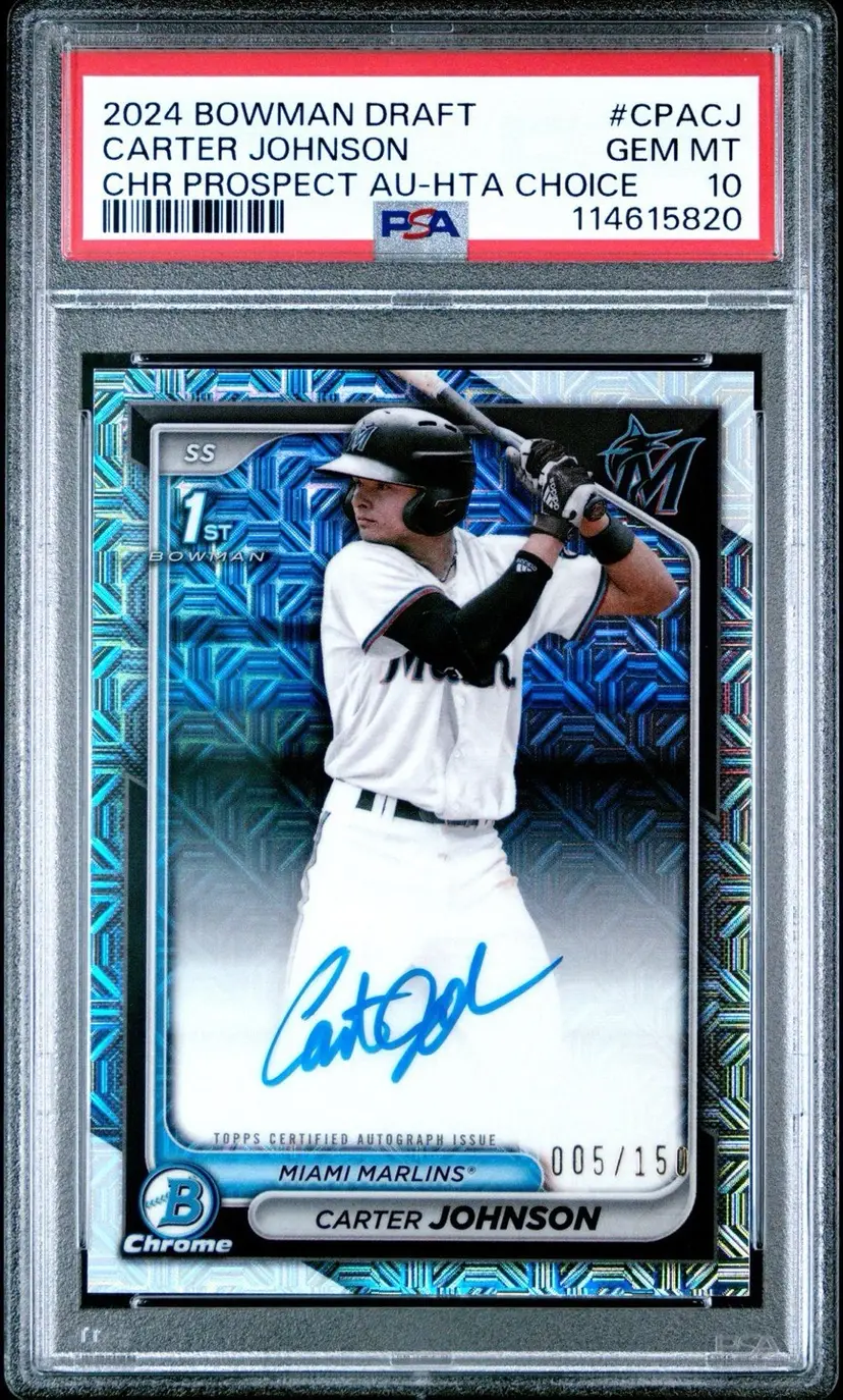 Carter Johnson 1st Bowman Chrome HTA Choice Refractor Auto /150 PSA 10 Miami Marlins