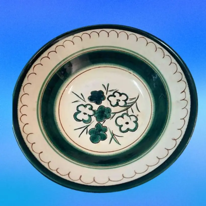 Vintage Stangl Pottery Serving Bowl- Green White Hand Painted Floral Pattern
