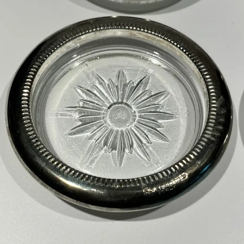 Leonard Genuine Crystal and Silver Plate Coaster Set of 4-
Original Box-Italy- Coasters- 4” Diameter
