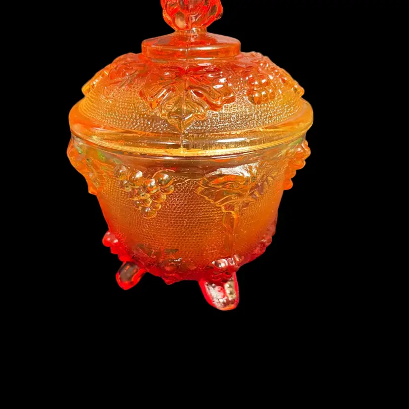 UV Reactive!-Jeannette-Grape & Vine Pattern-Amberina Footed Candy Dish w/ Lid-4 Footed Base