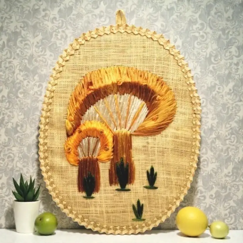 Vtg 70s Mushrooms Woven Straw Fiber Raffia Art MCM Decor Wall Hanging Retro Mod