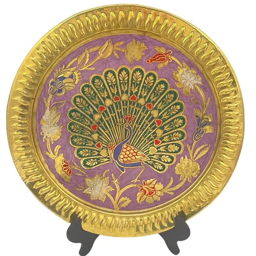 Vintage Peacock Brass & Enameled  Wall Hanging Plate Plaque 11-3/8” Diameter