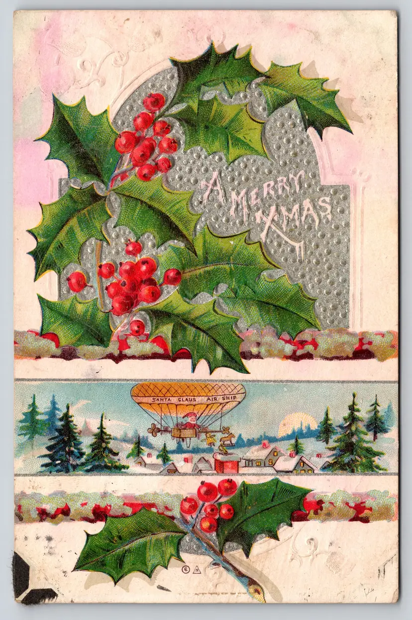 Postcard Santa Claus Air Ship A Merry Christmas Dirigible Blimp Zeppelin - 14516