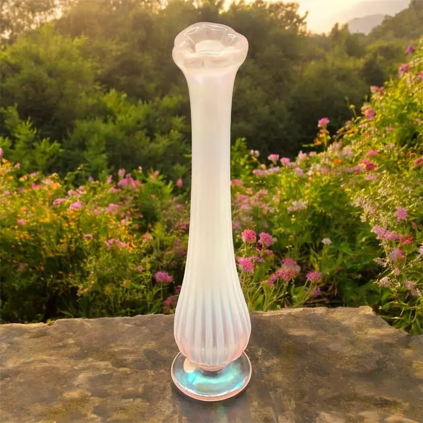 Fenton Pedestal Swung Vase Opalescent Pink Blush 7 1/2β Tall