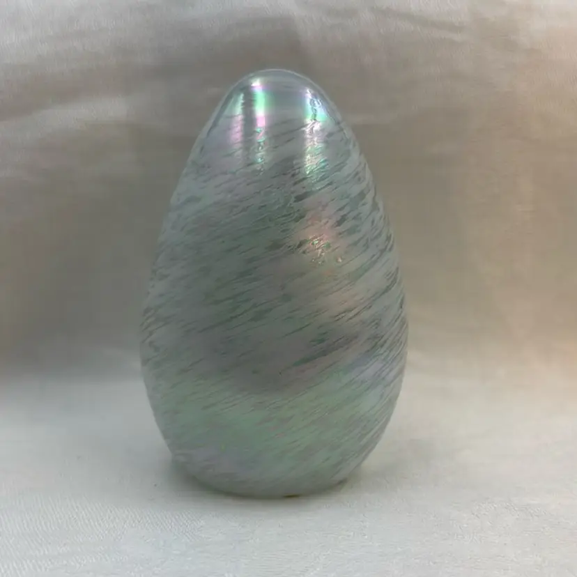 Large Opalescent Iridescent OCI Vintage Art Glass Swirl Paperweight Egg with Original Sticker - 4.25"