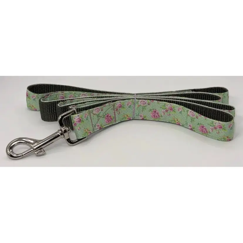 Dog Leash Green With Pink Roses Floral Size Large Handmade Heavy Duty NEW