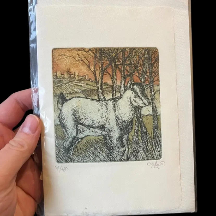Handmade In Florence, Italy Signum Greeting Card, Signed Hand Etched And Painted Art Of A Countryside Goat, Italian Ephemera