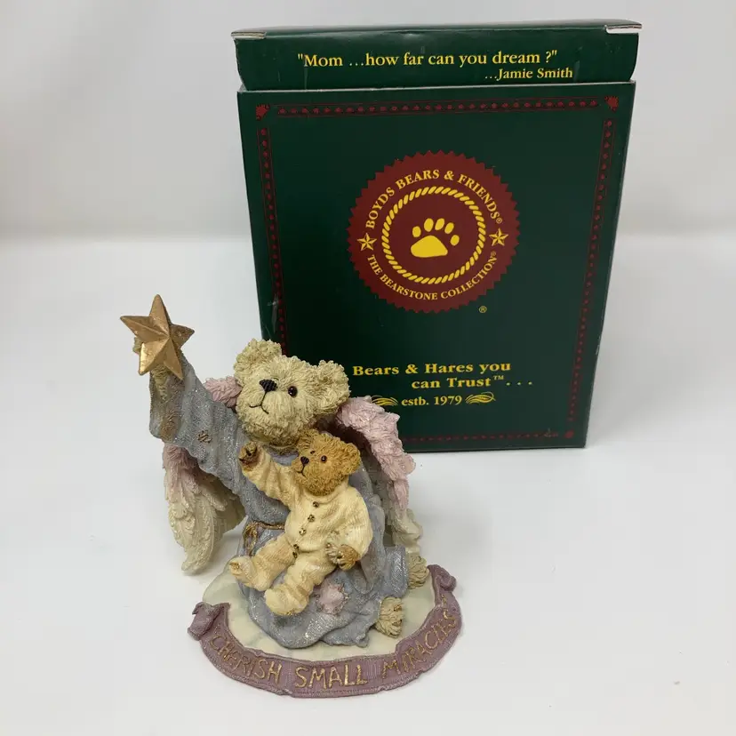 Vintage Boyds Bears Bearstone Collection figurine titled "Joy Angeltouch And Everychild… Cherish Small Miracles”! 4”  Tall 3 1/2” Wide! In Original Box!