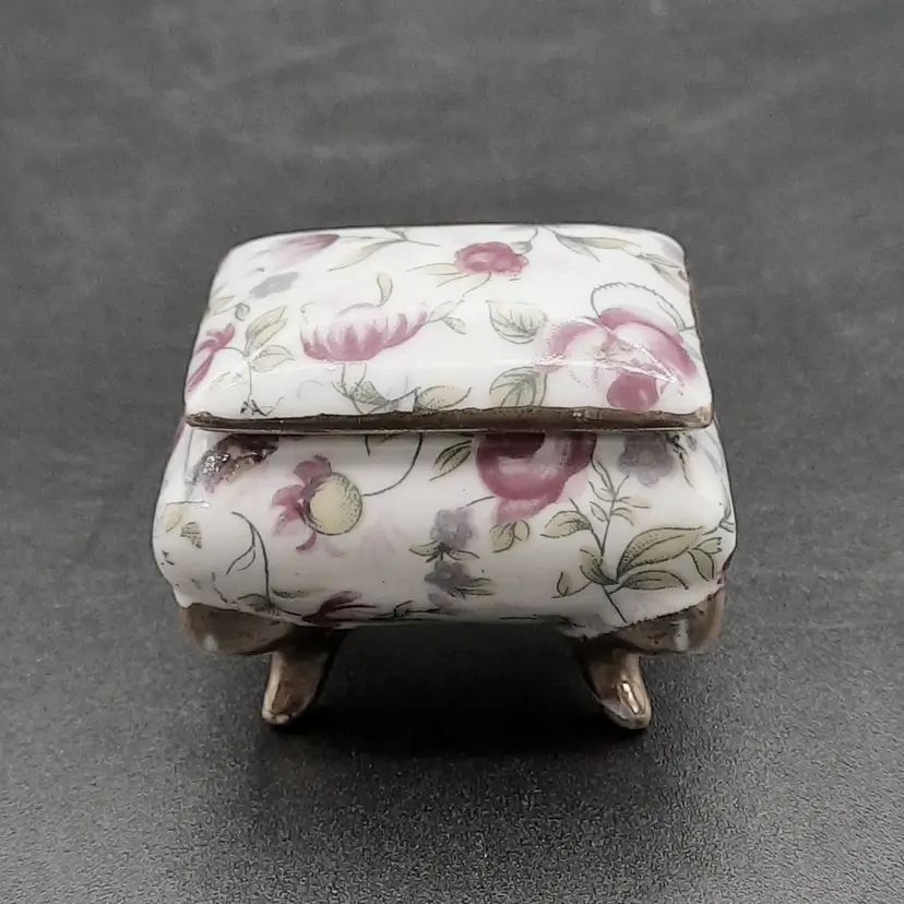 Vintage Porcelain Floral Lidded Trinket Box Gold Tone Footed
