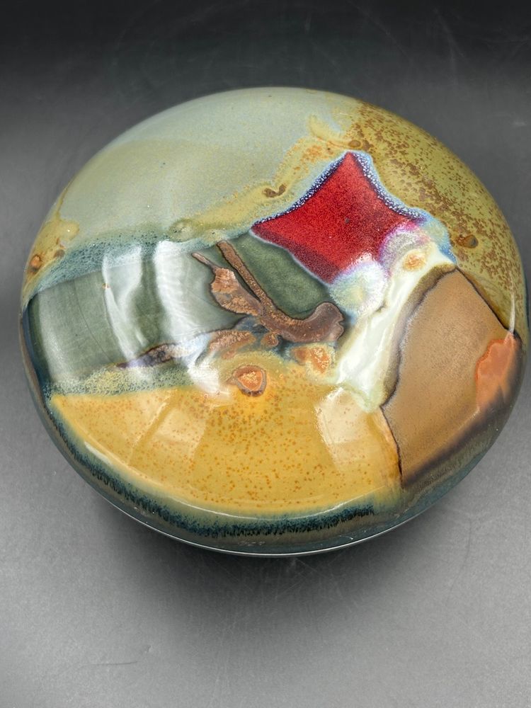 Signed Studio Art Pottery Glazed Lidded Bowl, Art Deco Design
