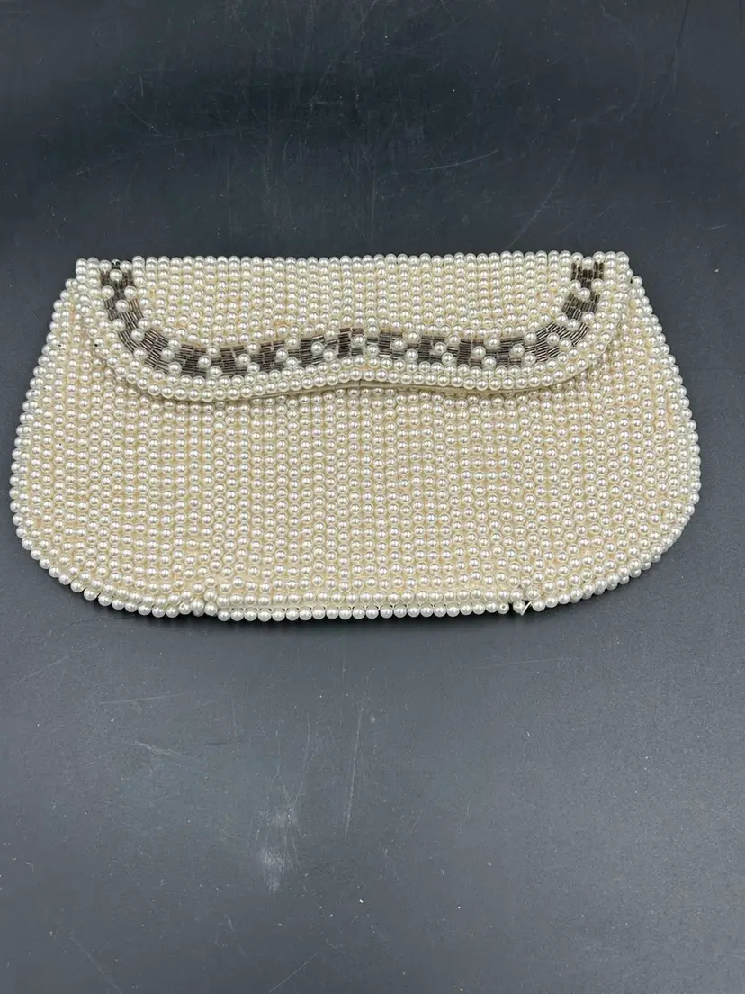 Vintage Sormar Japan, Faux Pearl And Silver Seed Bead Evening Clutch Purse