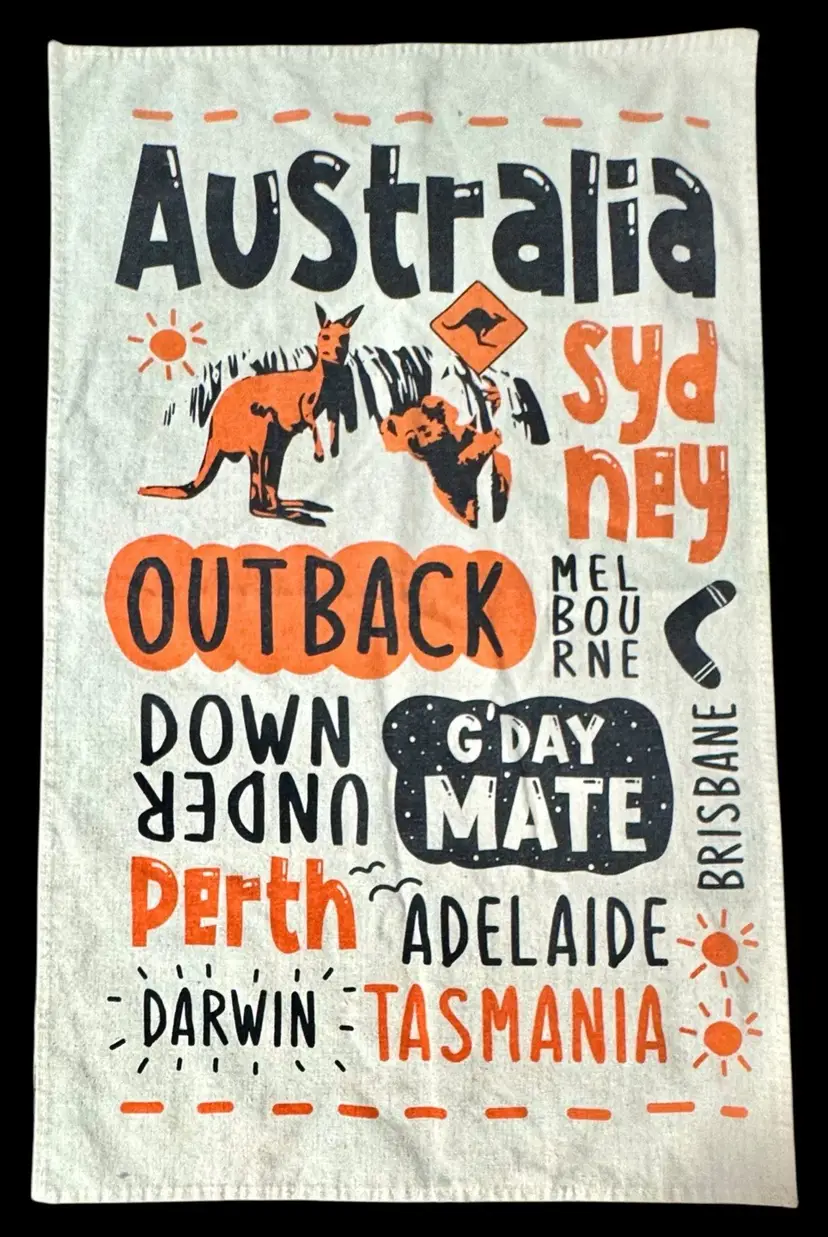 Australia Souvenir Cotton Tea Towel Major Cities Kangaroo Koala Landmarks 29x18”