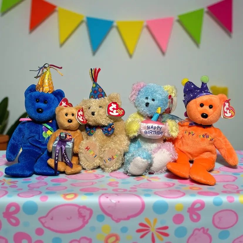 5 Assorted Ty Beanie Baby Birthday Bears Collection  With tags. Some have writing in them.