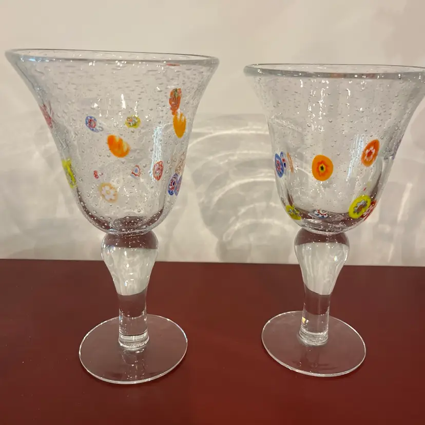 Set of 2 NEW Murano Style Millefiori Glass Goblets Seed Bubbles ~ Excellent!