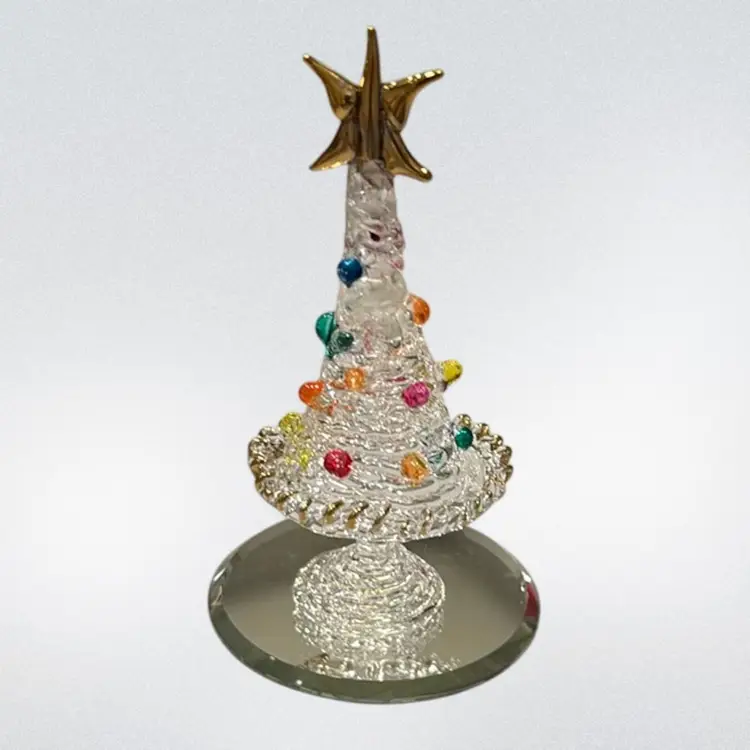 Vintage Spun Glass Tree Figurine 3.5” Christmas Tree w/ Colored Balls