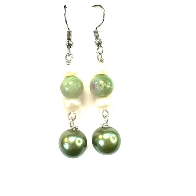 Green Faux Pearl Stone Freshwater White Pearl Dangle Earrings Silver Tone 2” Made By Me