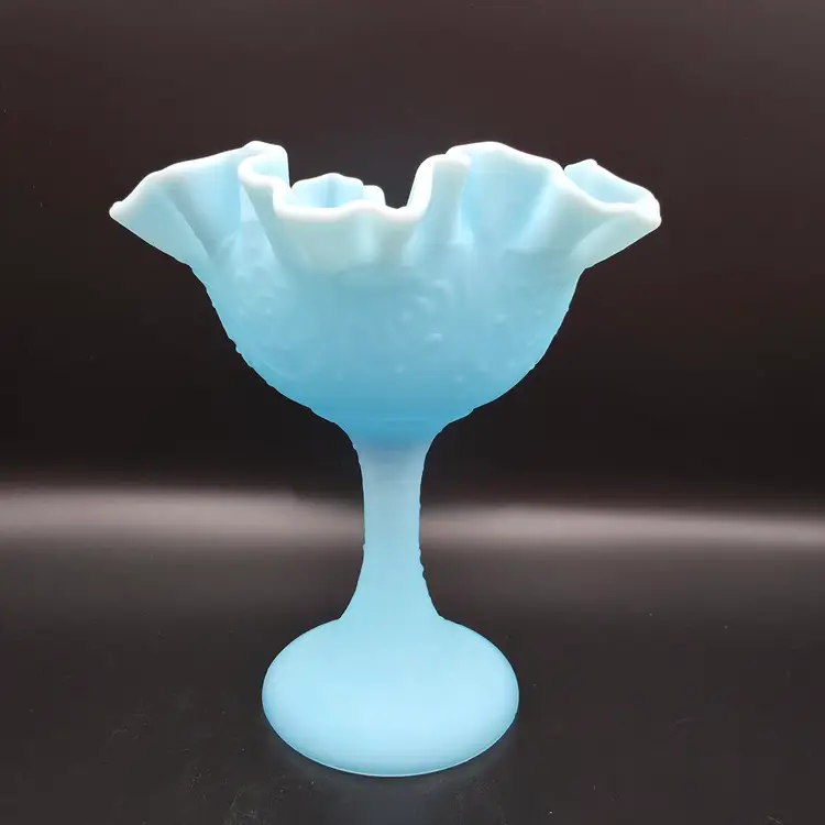 Fenton Blue Satin Glass Persian Medallion Ruffled Edge Compote