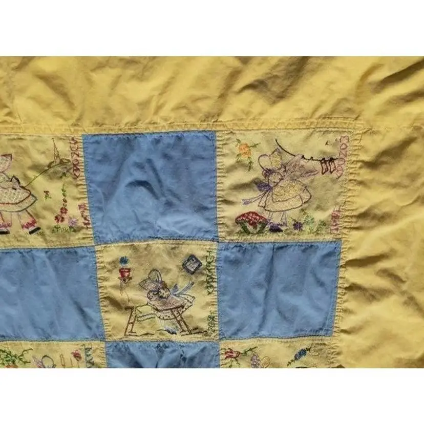 Vtg Hand Embroidered Baby Quilt 1950s Sun Bonnet Sue yellow blue