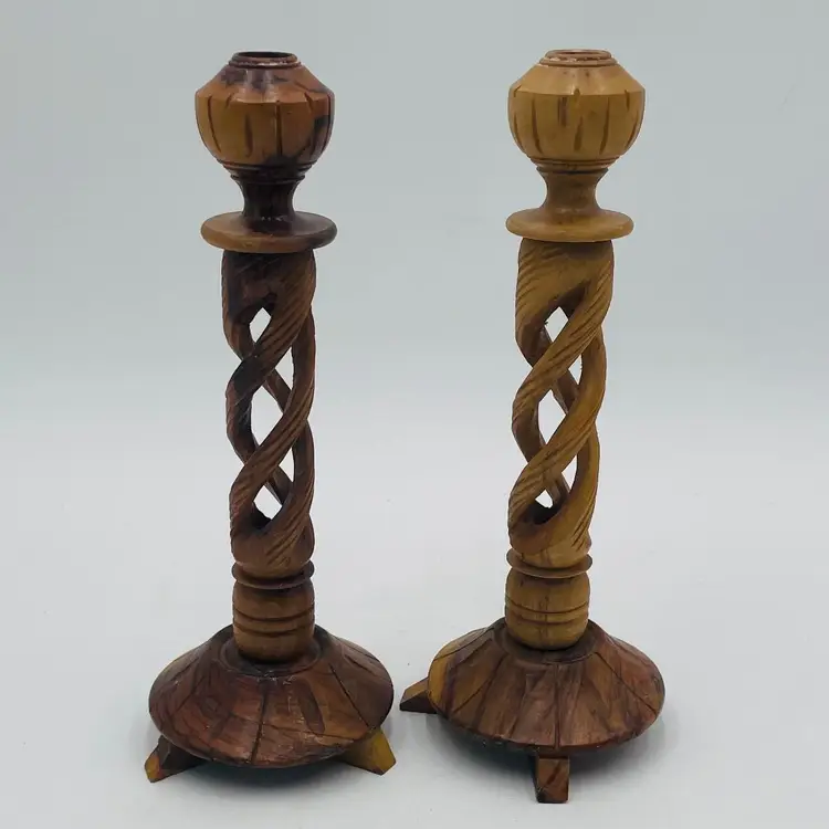 Mid-Century Olive Wood Braid Hand Carved Wooden Candle Stick Holders